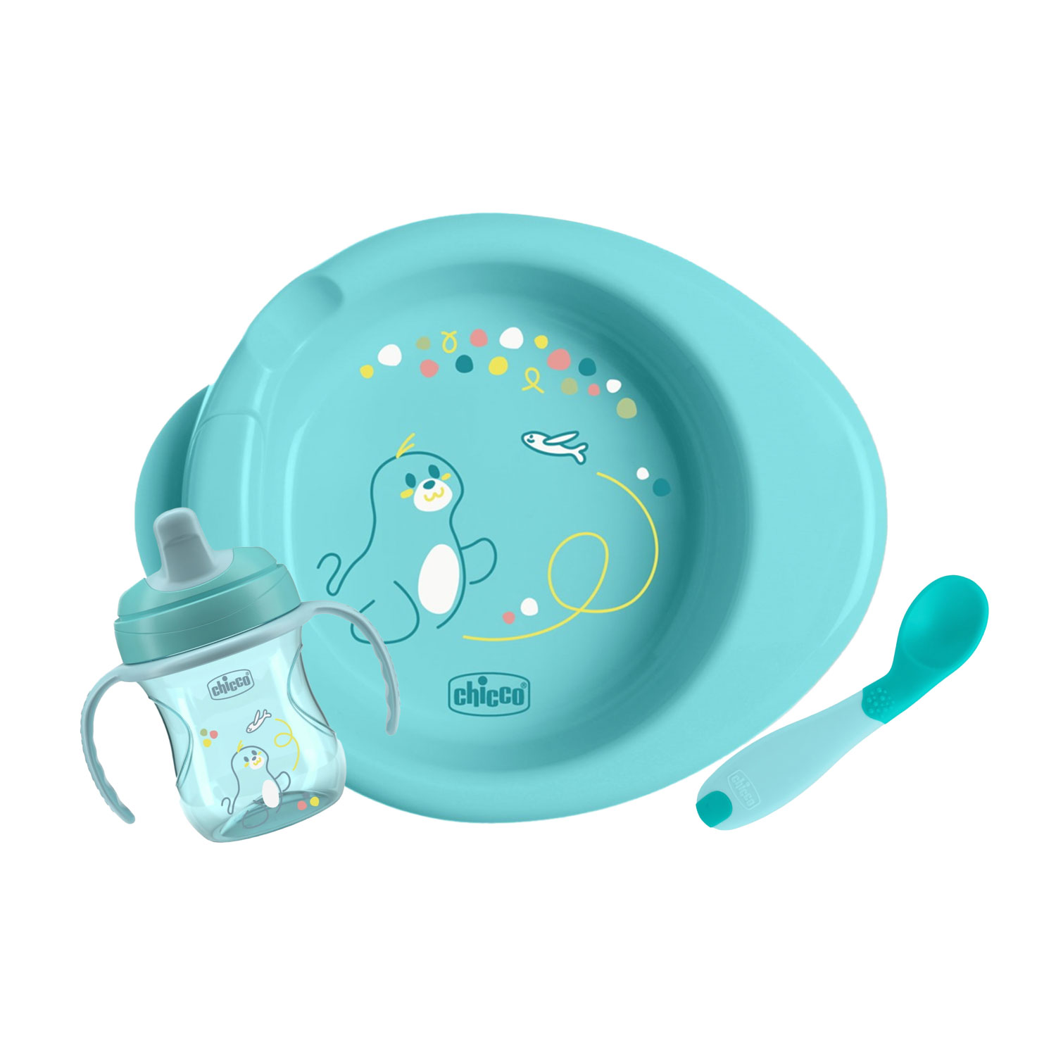 Дитячий набір для годування Chicco Set Prima Pappa, від 6 місяців, блакитний (поїльник-непроливайка, 1 шт + тарілка, 1 шт + ложка, 1 шт) (16200.25)